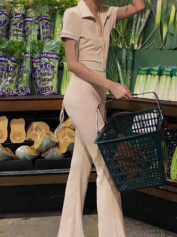 Women's Solid Color Front Button Short Sleeve Backless Casual Jumpsuit For Summer