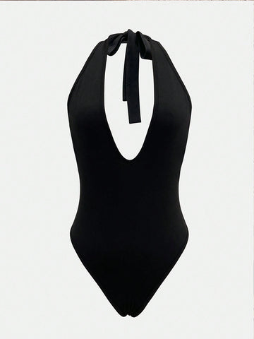 Women's Solid Color Halter Tie-Up Casual Bodysuit