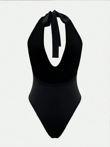 Women's Solid Color Halter Tie-Up Casual Bodysuit