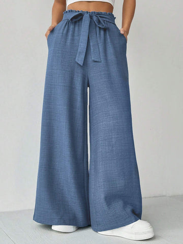 Essnce Women's Solid Color High-Waist Belted Wide Leg Casual Pants With Pockets