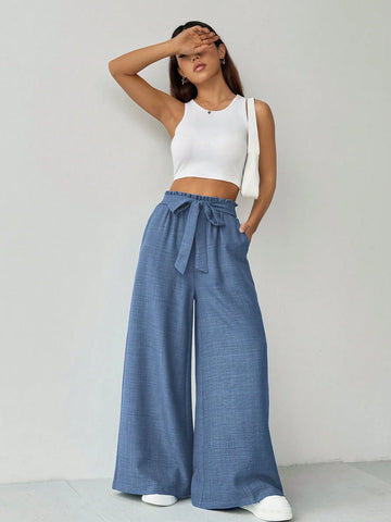 Essnce Women's Solid Color High-Waist Belted Wide Leg Casual Pants With Pockets