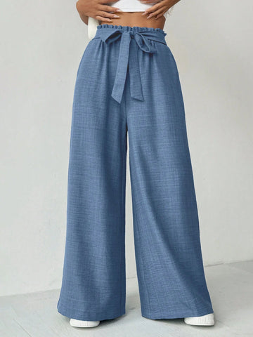 Essnce Women's Solid Color High-Waist Belted Wide Leg Casual Pants With Pockets