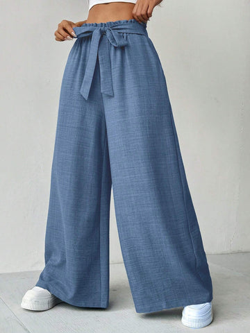 Essnce Women's Solid Color High-Waist Belted Wide Leg Casual Pants With Pockets