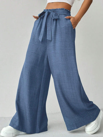 Essnce Women's Solid Color High-Waist Belted Wide Leg Casual Pants With Pockets