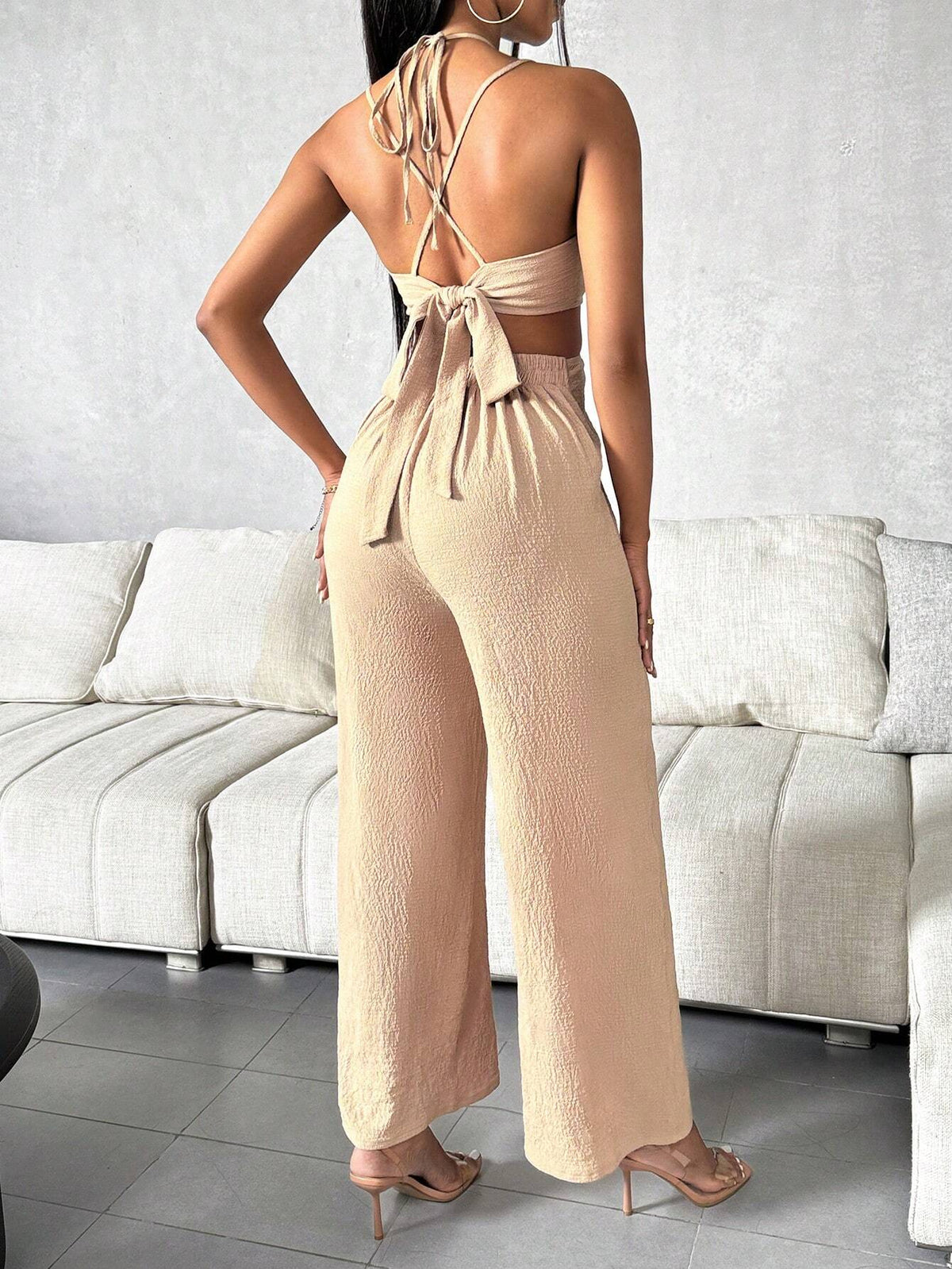 Women's Solid Color Hollow Out Waist Halter Tie Jumpsuit