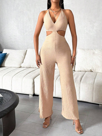 Women's Solid Color Hollow Out Waist Halter Tie Jumpsuit