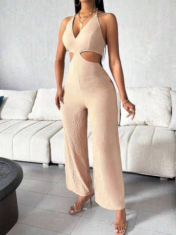 Women's Solid Color Hollow Out Waist Halter Tie Jumpsuit