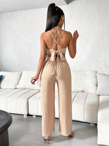 Women's Solid Color Hollow Out Waist Halter Tie Jumpsuit