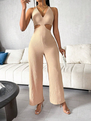 Women's Solid Color Hollow Out Waist Halter Tie Jumpsuit