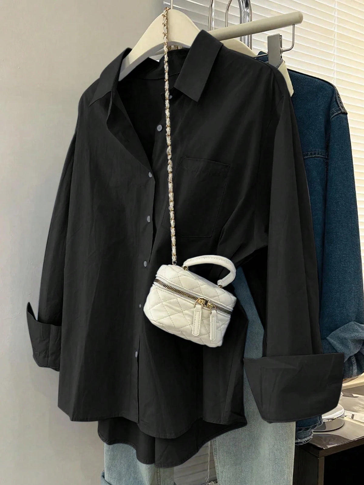 Essnce Women's Solid Color Long Sleeve Single-Breasted Casual Loose Shirt