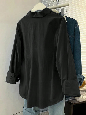 Essnce Women's Solid Color Long Sleeve Single-Breasted Casual Loose Shirt