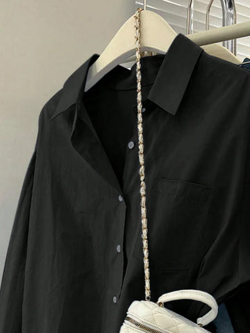 Essnce Women's Solid Color Long Sleeve Single-Breasted Casual Loose Shirt