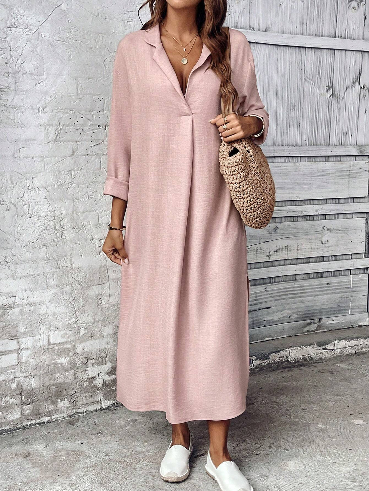 Women's Solid Color Long Sleeve Straight Loose Casual Dress With Suit Collar, Spring & Autumn
