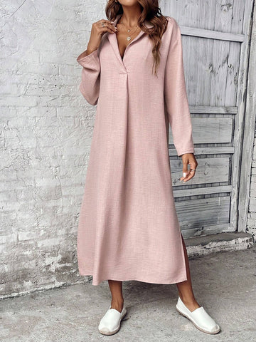 Women's Solid Color Long Sleeve Straight Loose Casual Dress With Suit Collar, Spring & Autumn