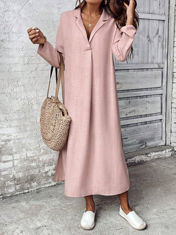 Women's Solid Color Long Sleeve Straight Loose Casual Dress With Suit Collar, Spring & Autumn