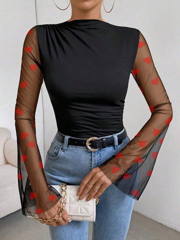 Women's Solid Color Patchwork Heart Mesh Bell Sleeve Ruffle Collar Bodysuit