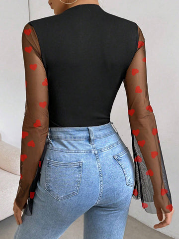 Women's Solid Color Patchwork Heart Mesh Bell Sleeve Ruffle Collar Bodysuit