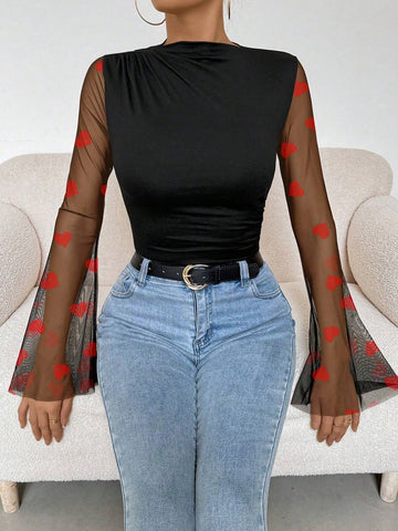 Women's Solid Color Patchwork Heart Mesh Bell Sleeve Ruffle Collar Bodysuit