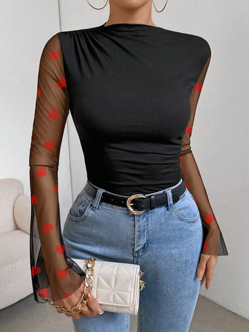 Women's Solid Color Patchwork Heart Mesh Bell Sleeve Ruffle Collar Bodysuit