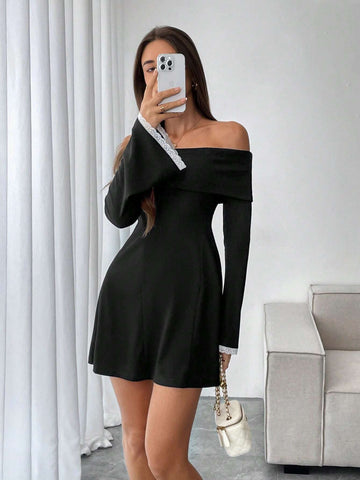 Women's Solid Color Patchwork Off Shoulder Long Sleeve Casual Short Dress