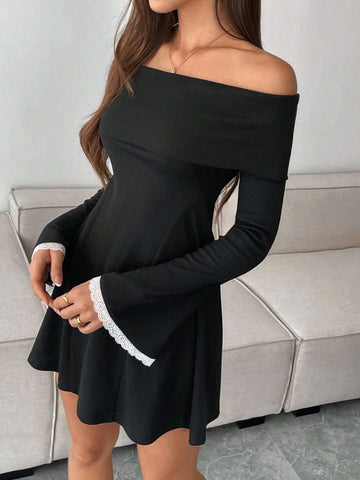 Women's Solid Color Patchwork Off Shoulder Long Sleeve Casual Short Dress