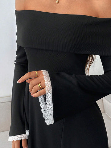 Women's Solid Color Patchwork Off Shoulder Long Sleeve Casual Short Dress