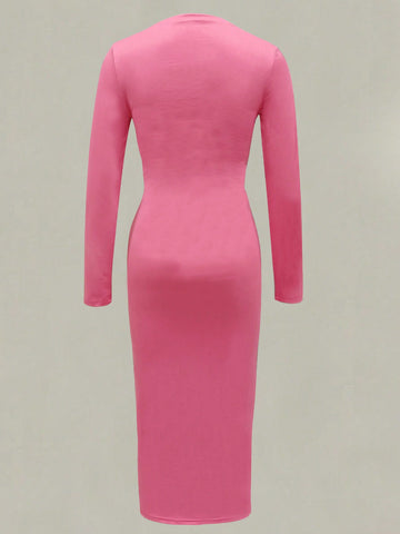 Women's Solid Color Pleated Bodycon Long Sleeve Dress