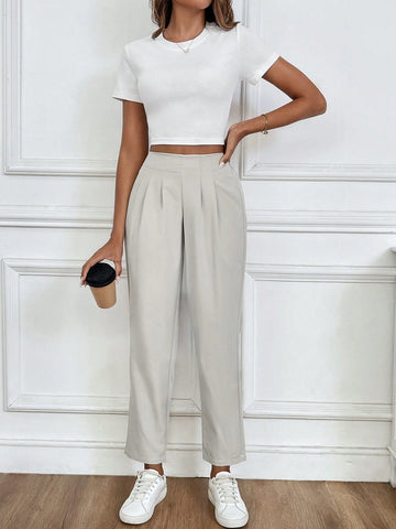 Essnce Women's Solid Color Pleated Tapered Casual Daily Commute Long Pants