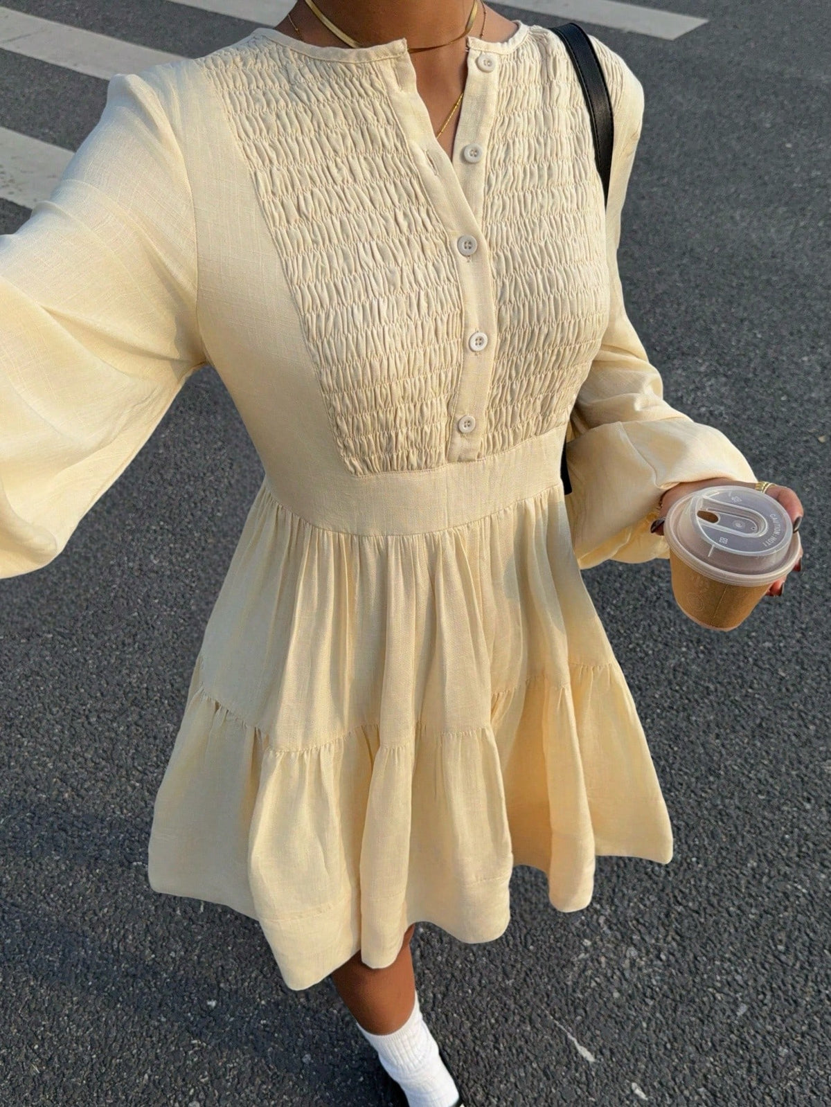 Women's Solid Color Puff Sleeve Smock Dress With Chest Design, Spring/Summer