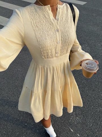 Women's Solid Color Puff Sleeve Smock Dress With Chest Design, Spring/Summer