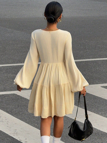Women's Solid Color Puff Sleeve Smock Dress With Chest Design, Spring/Summer