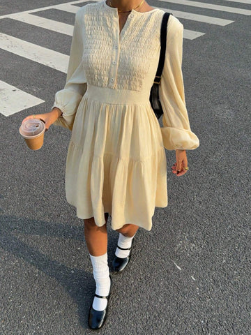 Women's Solid Color Puff Sleeve Smock Dress With Chest Design, Spring/Summer