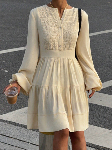 Women's Solid Color Puff Sleeve Smock Dress With Chest Design, Spring/Summer