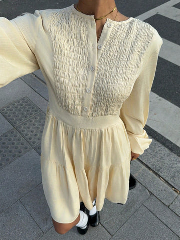 Women's Solid Color Puff Sleeve Smock Dress With Chest Design, Spring/Summer