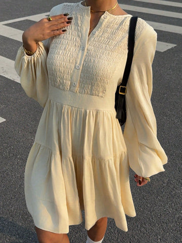 Women's Solid Color Puff Sleeve Smock Dress With Chest Design, Spring/Summer