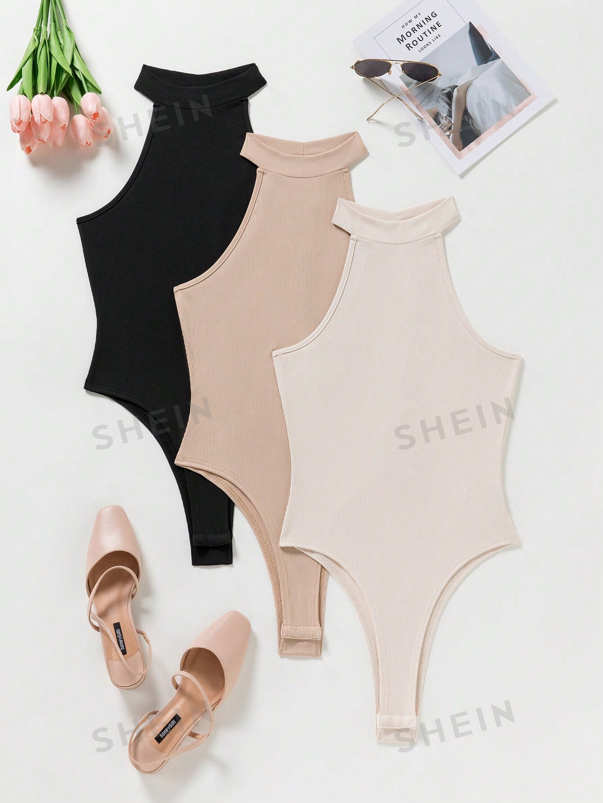 Women's Solid Color Ribbed Halterneck Bodysuit