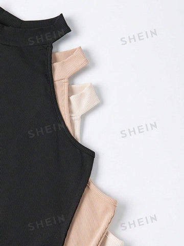 Women's Solid Color Ribbed Halterneck Bodysuit