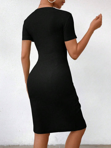 Women's Solid Color Round Neck Short Sleeve Dress With Side Split Hem And Drawstring, Summer