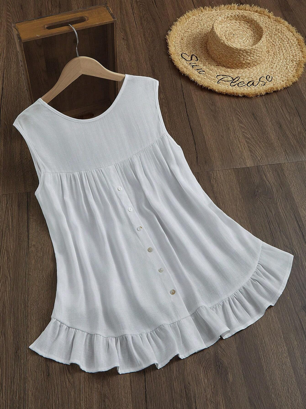 Essnce Women's Solid Color Ruffle Hem Sleeveless Shirt For Vacation And Leisure