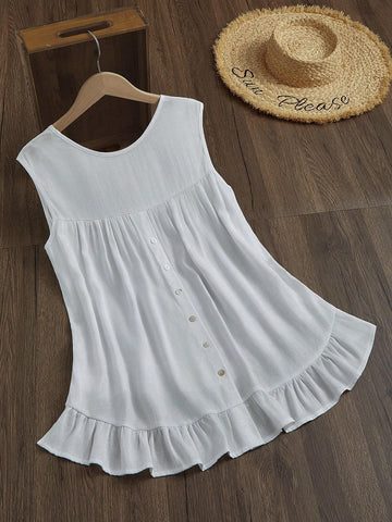 Essnce Women's Solid Color Ruffle Hem Sleeveless Shirt For Vacation And Leisure