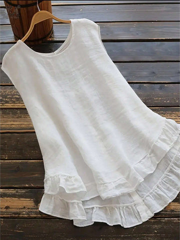 Essnce Women's Solid Color Ruffle Hem Sleeveless Shirt For Vacation And Leisure