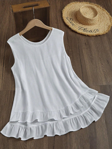 Essnce Women's Solid Color Ruffle Hem Sleeveless Shirt For Vacation And Leisure