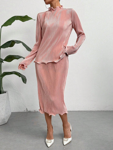 Women's Solid Color Ruffle Trim Long Sleeve Top And Skirt Set