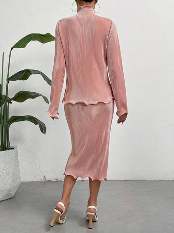 Women's Solid Color Ruffle Trim Long Sleeve Top And Skirt Set