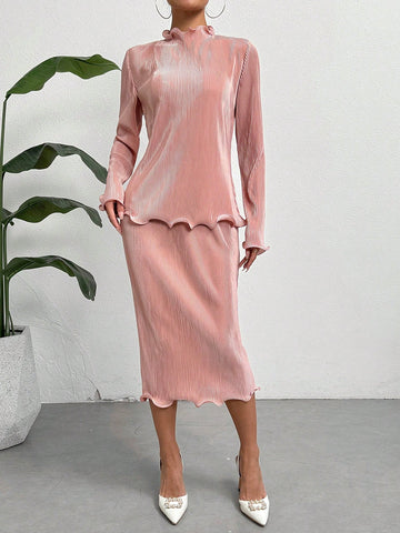 Women's Solid Color Ruffle Trim Long Sleeve Top And Skirt Set