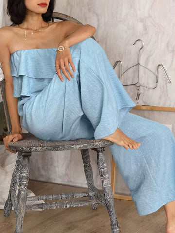Women's Solid Color Ruffle Tube Jumpsuit For Vacation And Leisure