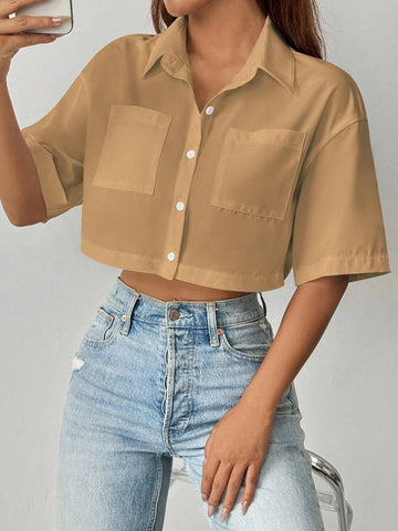 Essnce Women's Solid Color Short Sleeve Cropped Pocket Loose Casual Blouse