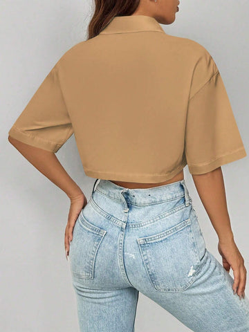 Essnce Women's Solid Color Short Sleeve Cropped Pocket Loose Casual Blouse