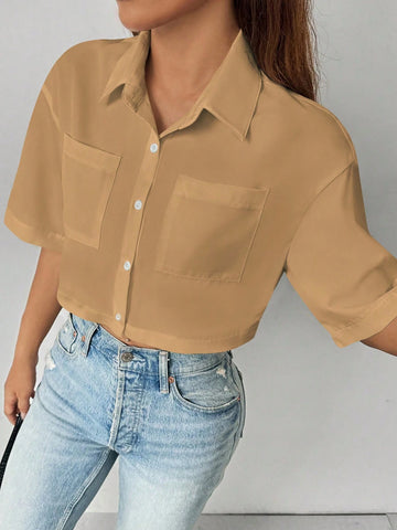Essnce Women's Solid Color Short Sleeve Cropped Pocket Loose Casual Blouse