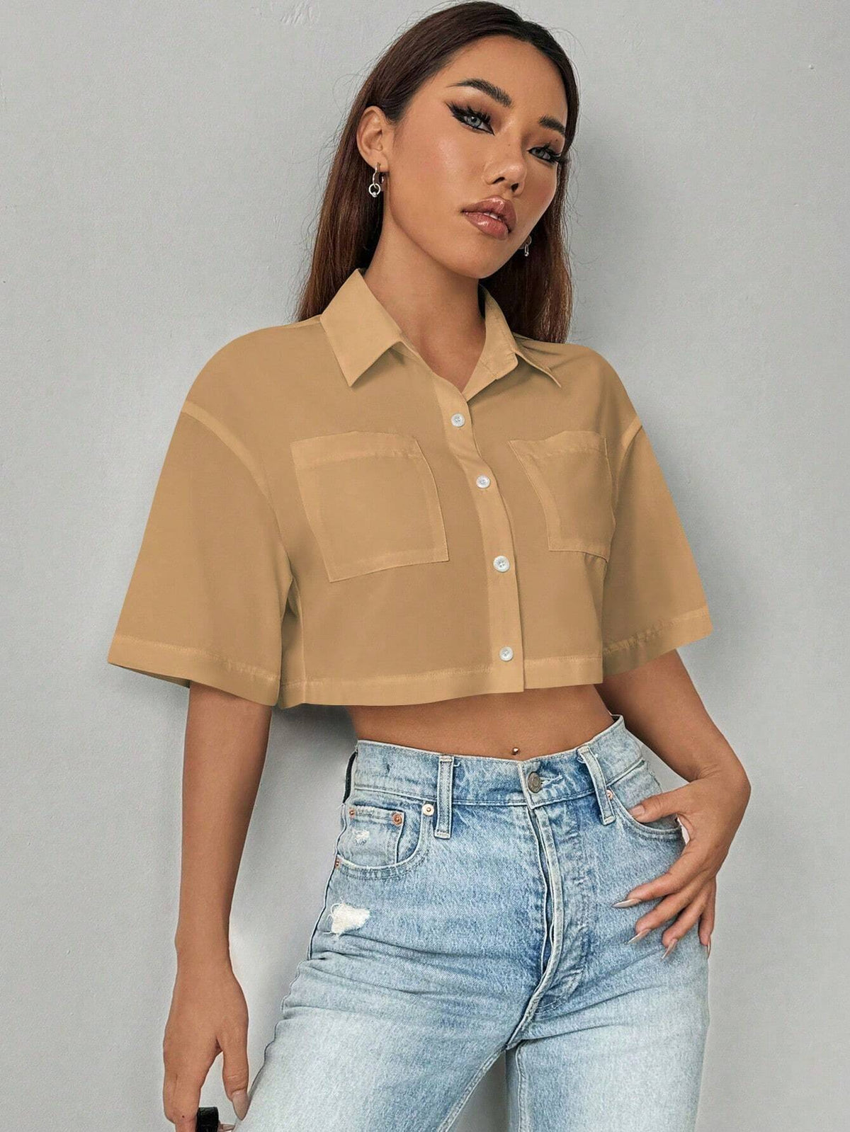 Essnce Women's Solid Color Short Sleeve Cropped Pocket Loose Casual Blouse